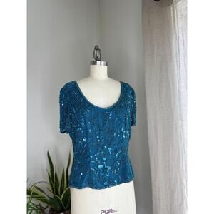 Adrianna Papell Women’s 12 Blouse Blue Silk Sequin Elaborate Floral Stunning